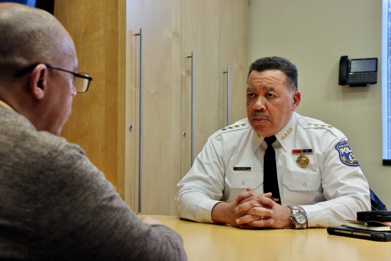 Philadelphia Police Commissioner Kevin Bethel talks with education reporter Stephen Williams during an interview at WHYY.