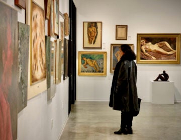 2024 02 21-e lee-philadelphia freemans hindman auction house-sidney rothberg collection visitor someone looking at paintings on the wall