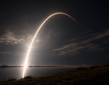 An undated photo shows a SpaceX Falcon 9 rocket carrying Starlink communications satellites into orbit. The Starlink constellation is made up of thousands of satellites that are difficult for adversaries to target.