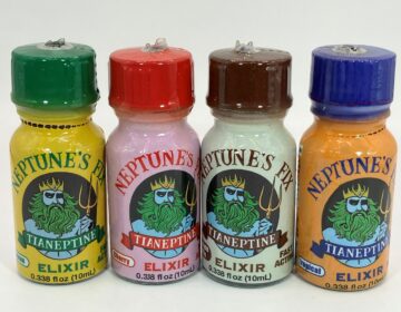 Various flavors of Neptunes Fix Elixir, a product labeled to contain tianeptine.
