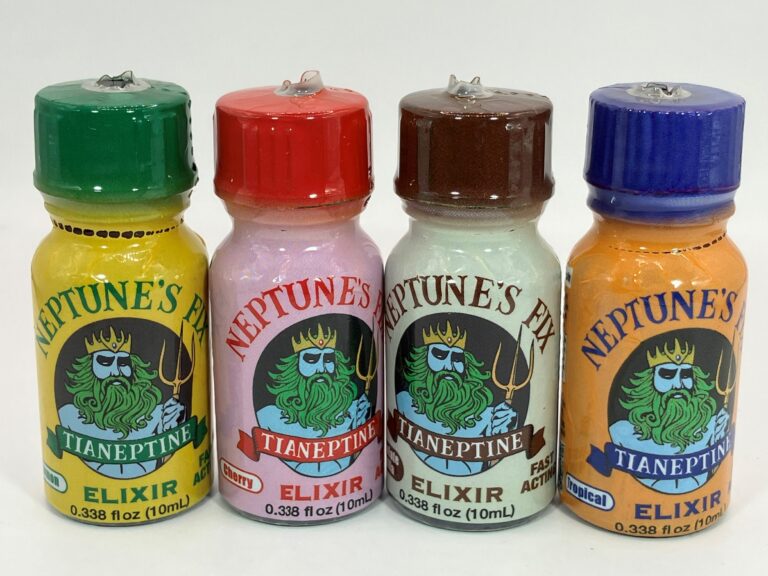 Various flavors of Neptunes Fix Elixir, a product labeled to contain tianeptine.