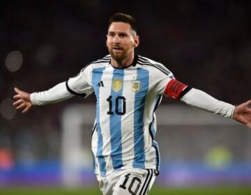 File photo: Argentina's Lionel Messi, celebrates scoring his side's first goal against Ecuador during a qualifying soccer match for the FIFA World Cup 2026, at Monumental stadium in Buenos Aires, Argentina, Thursday, Sept. 7, 2023.