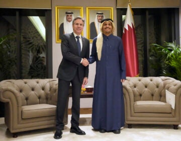 U.S. Secretary of State Antony Blinken (left) shakes hands with Qatar's Prime Minister and Foreign Affairs Minister Mohammed Bin Abdulrahman Al Thani, at Diwan Annex, in Doha, Qatar, Tuesday, Feb. 6, 2024.