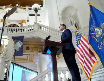Gov. Josh Shapiro delivers his budget address for the 2024-25 fiscal year to a joint session of the Pennsylvania House and Senate in the Rotunda of the state Capitol in Harrisburg, Pa., Wednesday, Feb. 6, 2024. (AP Photo/Matt Rourke)