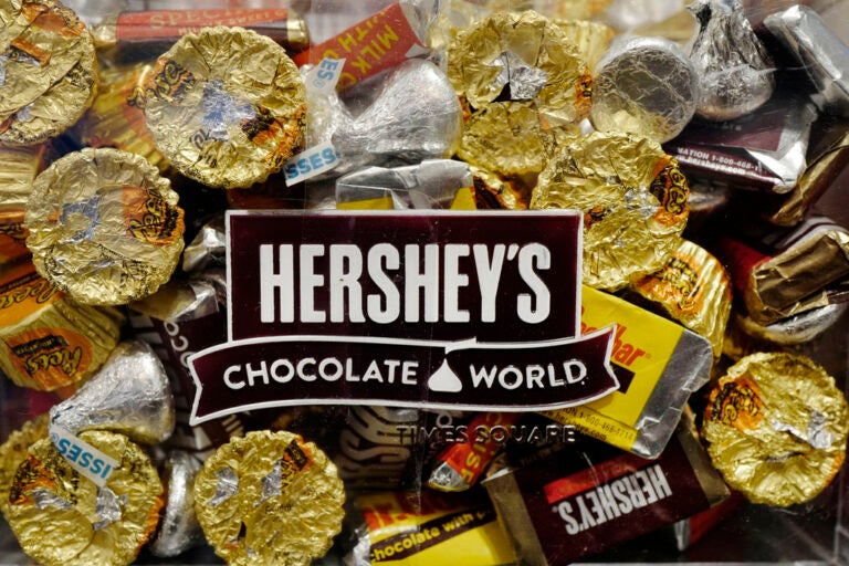 A mixture of Hershey's chocolates is displayed in the company's Times Square store