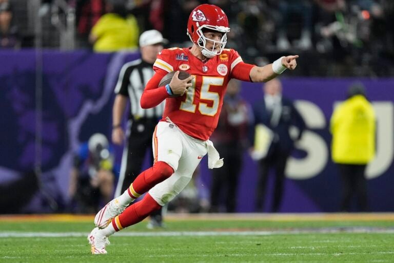 Kansas City Chiefs quarterback Patrick Mahomes (15) runs against the San Francisco 49ers during the second half of the NFL Super Bowl 58 football game Sunday, Feb. 11, 2024, in Las Vegas. (AP Photo/George Walker IV)