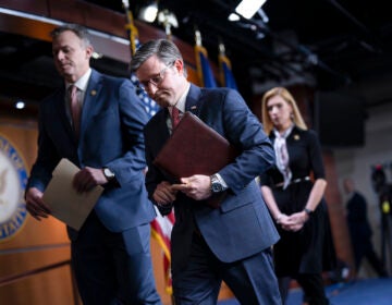 Speaker of the House Mike Johnson, R-La., departs a news conference, joined by Rep. Blake Moore, R-Utah, left, and Rep. Beth Van Duyne, R-Texas, after they discussed President Joe Biden for his policies at the Mexican border during a news conference at the Capitol in Washington, Thursday, Feb. 29, 2024.