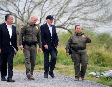 President Joe Biden (second from the right) looks over the southern border, Thursday, Feb. 29, 2024, in Brownsville, Texas. Walking with Biden are from l-r., Peter Flores, Deputy Commissioner, U.S. Customs and Border Protection, Jason Owens, Chief, U.S. Border Patrol and Gloria Chavez, Sector Chief, U.S. Border Patrol.