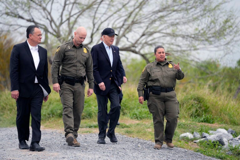 President Joe Biden (second from the right) looks over the southern border, Thursday, Feb. 29, 2024, in Brownsville, Texas. Walking with Biden are from l-r., Peter Flores, Deputy Commissioner, U.S. Customs and Border Protection, Jason Owens, Chief, U.S. Border Patrol and Gloria Chavez, Sector Chief, U.S. Border Patrol.