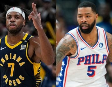 Indiana Pacers' Buddy Hield (left) and Philadelphia 76ers forward Marcus Morris Sr.