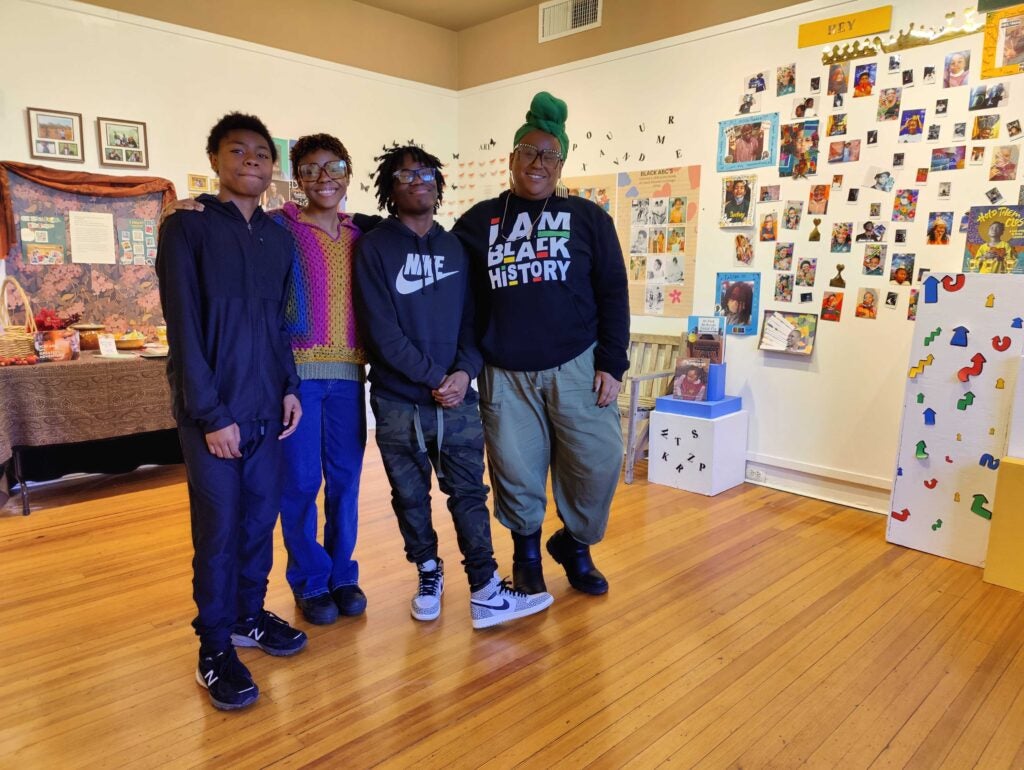 Sabriaya Shipley, right, in the ''Eban Youth'' exhibition at Allen Lane Art Center, joined by collaborators Jaheim Faison, Ana Gadson, and Mukhlis Jabbaar.