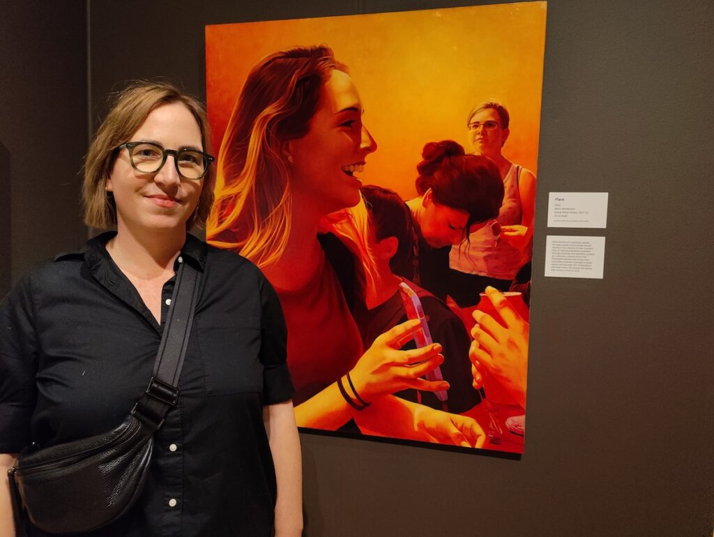 Mary Henderson, CFEVA fellow in 2021, in front of her piece ''Flare'' (2022) at the Michener Museum.