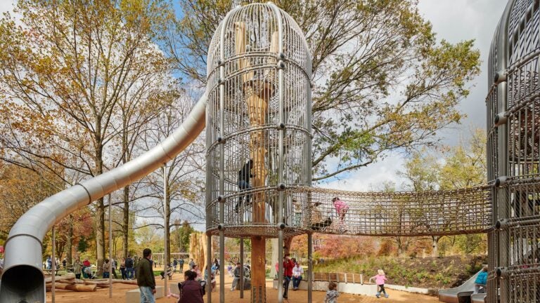 The images shows two circa 15-feet victorian bird cages and a slide.