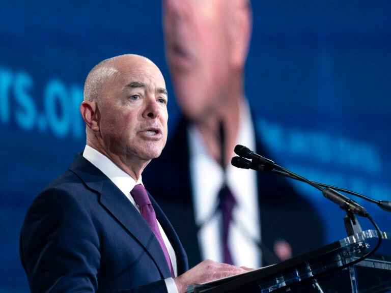 Homeland Security Secretary Alejandro Mayorkas speaks during the U.S. Conference of Mayors' Winter Meeting in Washington, Thursday, Jan. 18, 2024.