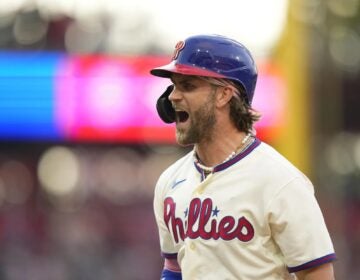 Philadelphia Phillies' Bryce Harper reacts during a baseball game vs. the San Diego Padres on Sunday, July 16, 2023, in Philadelphia.