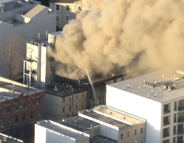 A massive fire is seen overhead in Francisville, Philadelphia