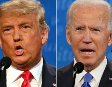 President Biden is rated highly in a survey of historians on presidential greatness — but he's in a tight election race with former President Donald Trump, who is ranked last. (Jim Watson and Brendan Smialowski/AFP via Getty Images)