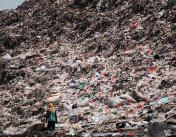 A registered scavenger walks in a landfill in Indonesia.