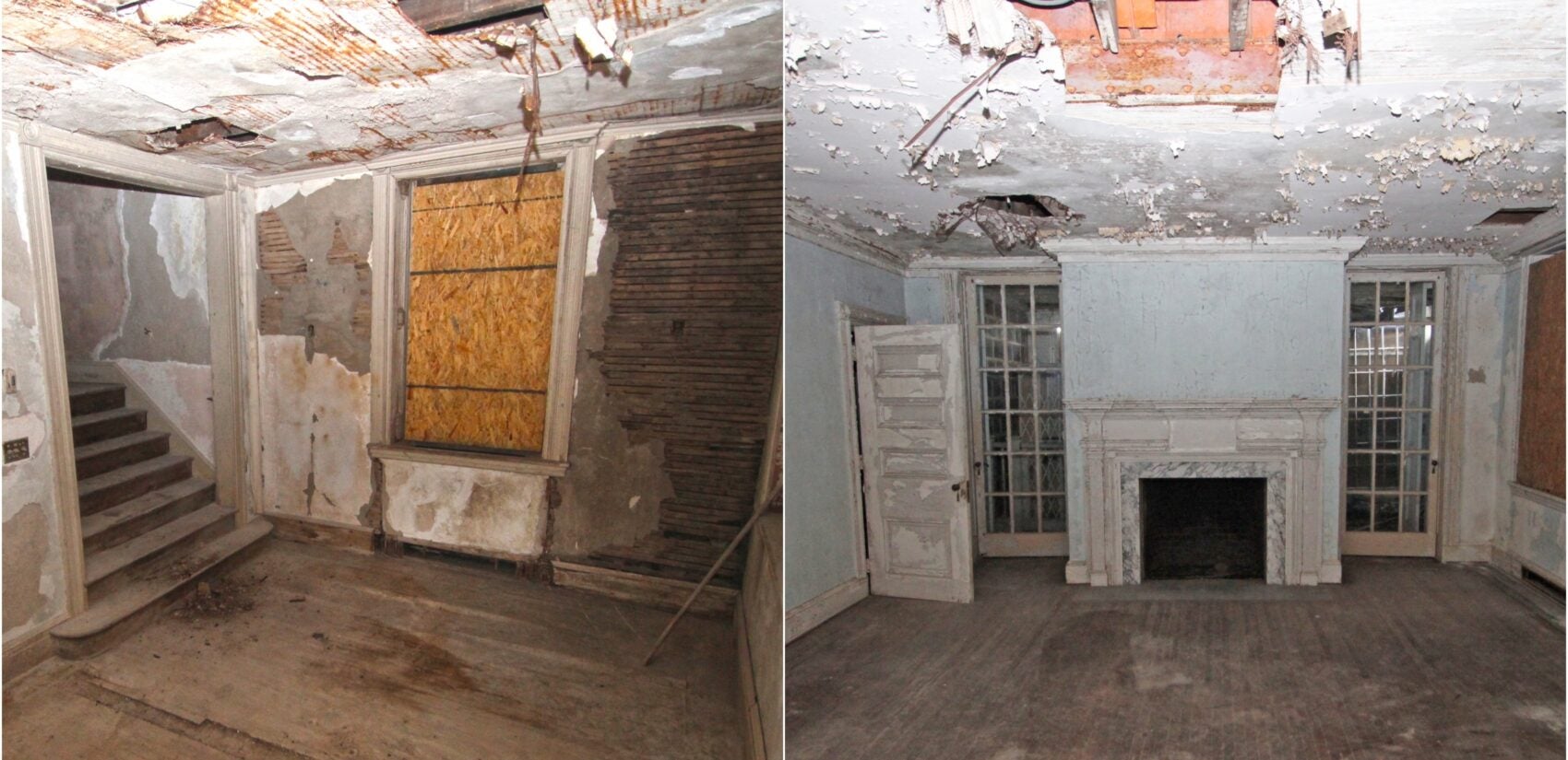 2 photos side by side showing deteriorating rooms inside the mansion