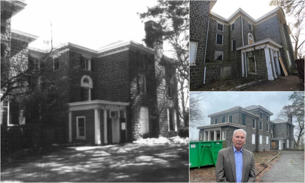 three different photos of the same section of the mansion at different times