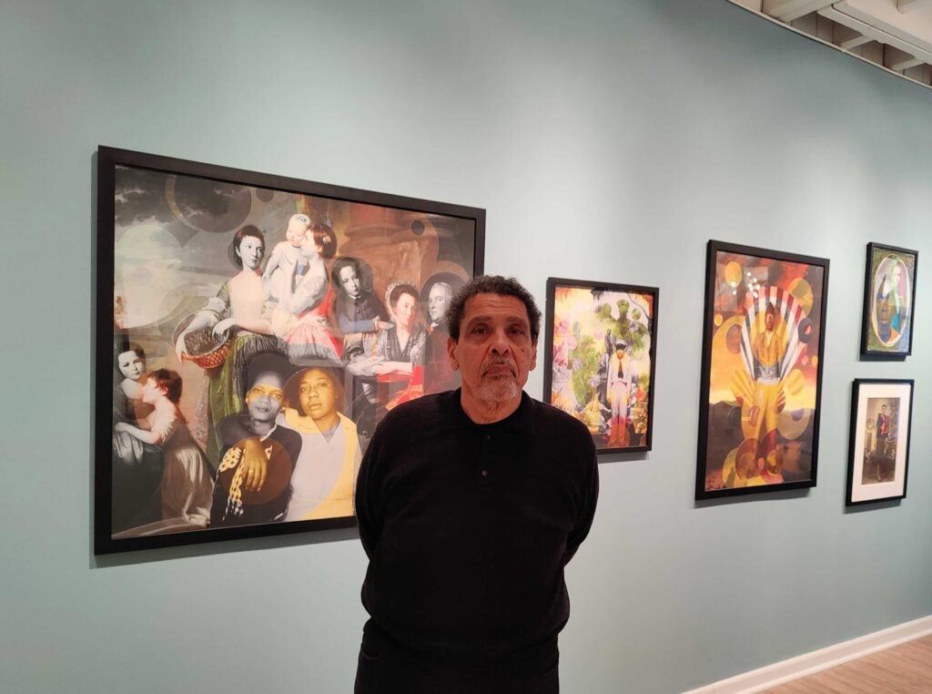 Artist Gary Burnley with his ''The Leigh Family'' (2020) at the Print Center in Philadelphia.