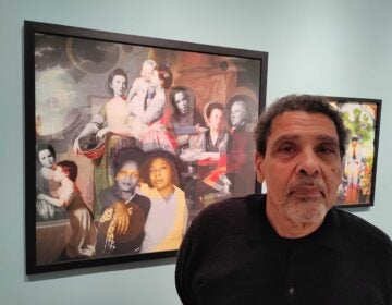 Artist Gary Burnley with his ''The Leigh Family'' (2020) at the Print Center in Philadelphia.