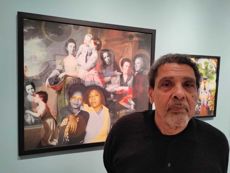 Artist Gary Burnley with his ''The Leigh Family'' (2020) at the Print Center in Philadelphia.