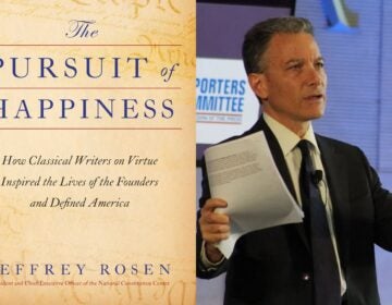 Book cover of 'Pursuit of Happiness' by Jeffrey Rosen on the left; Rosen speaking on the right