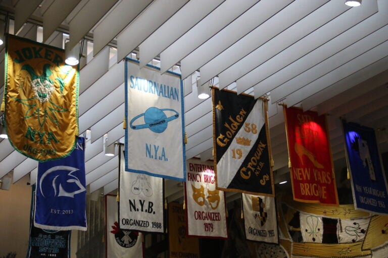 Banners from many Mummers groups are on display at the Mummers Museum