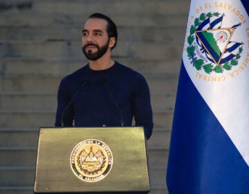 Nayib Bukele speaks at a podium