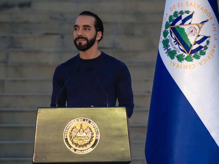 Nayib Bukele speaks at a podium