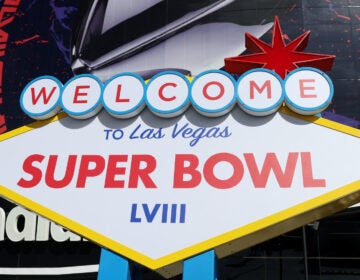 Super Bowl LVIII signage is seen outside of Allegiant Stadium