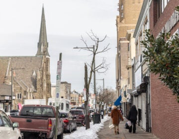 People walk down the sidewalk at Chelten Ave. and Greene St. in Germantown