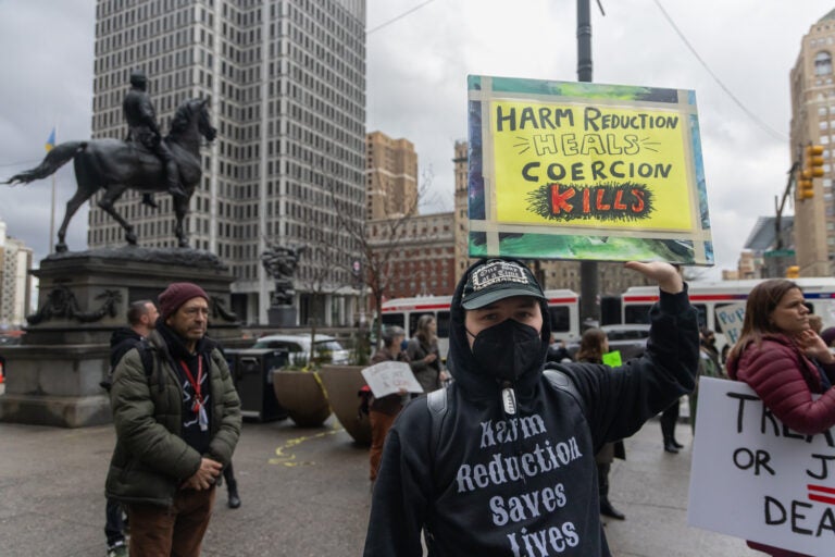 Advocates for harm reduction rallied outside City Hall in Philadelphia on March 7, 2024.