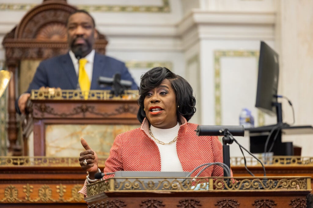 Cherelle Parker addressing City Council, with Kenyatta Johnson behind her