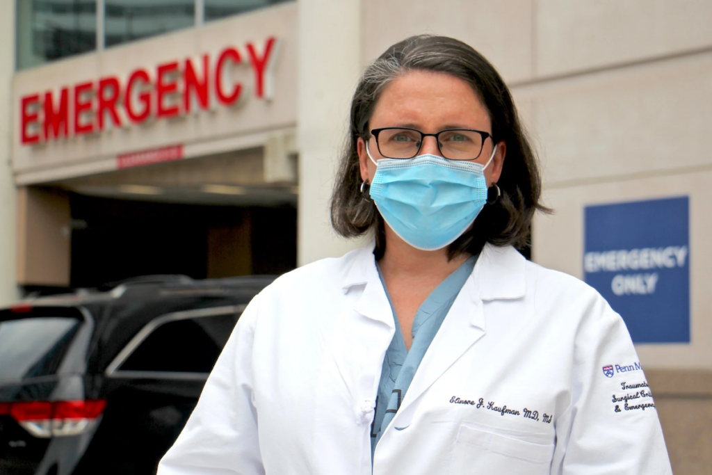 Dr. Elinore Kaufman, a trauma physician at Penn Presbyterian Medical Center, has been contending with two deadly epidemics at the same time: COVID-19 and gun violence. (Emma Lee/WHYY)