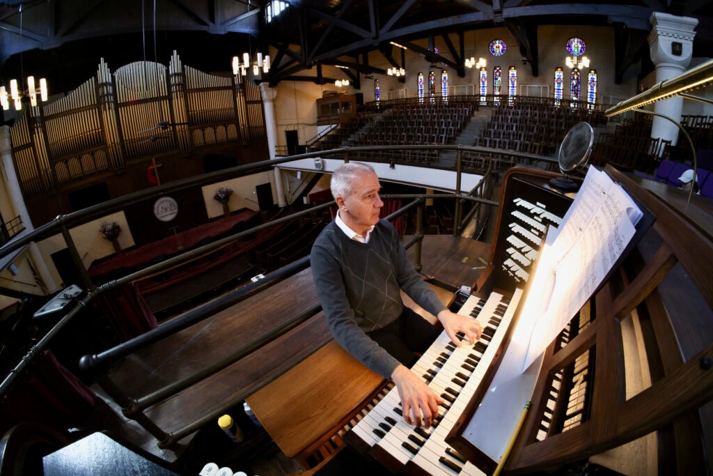 Alan Morrison playing the organ at Tindley Temple as seen from above