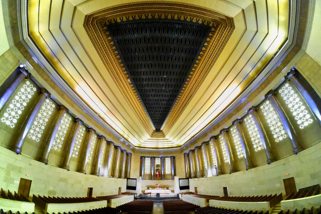 A view from below of organ pipes in the ceiling of Girard College's chapel