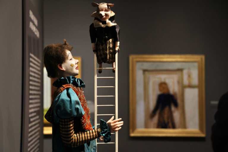 An antique automaton greets visitors to the exhibit ''Jamie Wyeth: Unsettled'' at Brandywine Museum of Art. It sets the tone for an exploration of the artist's darker side. (Emma Lee/WHYY)