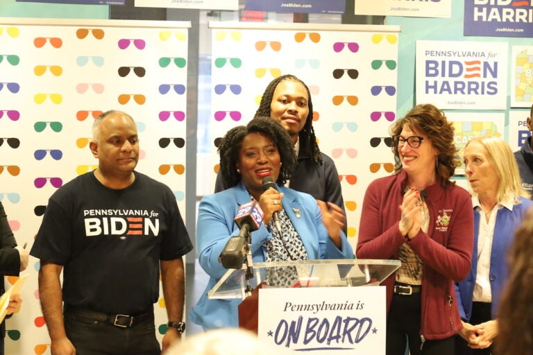 Speaker of the Pennsylvania House of Representatives Joanna McClinton addresses the crowd at the opening of the Biden campaign’s new Eastern Pennsylvania headquarters in Center City. (Carmen Russell-Sluchansky/WHYY)