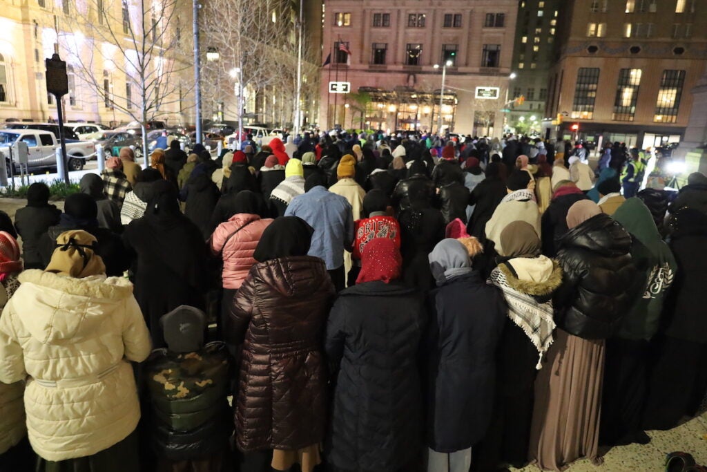 Hundreds of Philadelphia Muslims gather in the cold outside City Hall on Friday night for the Taraweeh, a special Sunnah prayer offered after sundown during Ramadan.