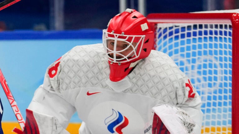 Russian Olympic Committee goalkeeper Ivan Fedotov (28) during the men's gold medal hockey game at the 2022 Winter Olympics, Sunday, Feb. 20, 2022, in Beijing.