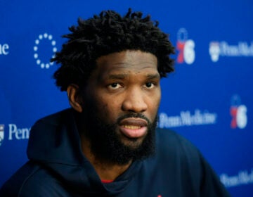 Philadelphia 76ers center Joel Embiid speaks with members of the media at the NBA basketball team's practice facility, Thursday, Feb. 29, 2024, in Camden, N.J.