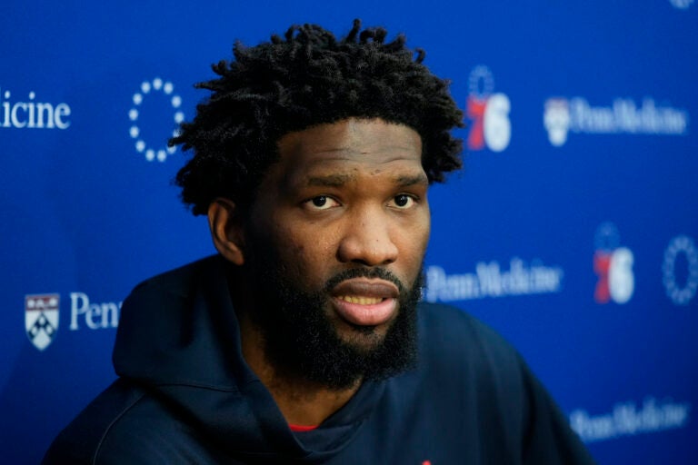 Philadelphia 76ers center Joel Embiid speaks with members of the media at the NBA basketball team's practice facility, Thursday, Feb. 29, 2024, in Camden, N.J.