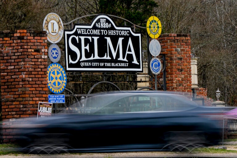 A vehicle passes by the town welcome sign, Thursday, Feb. 29, 2024, in Selma, Ala. Events commemorating the 59th anniversary of the Bloody Sunday voting rights march in 1965 will culminate with a bridge crossing in Selma, Ala, on Sunday, March 3.