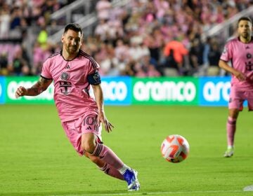 Inter Miami forward Lionel Messi chases the ball after a penalty kick during the first half of a CONCACAF Champions Cup soccer match against Nashville SC, Wednesday, March 13, 2024, in Fort Lauderdale, Fla.