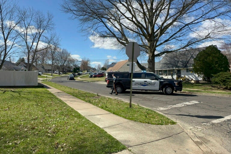 A police car blocks off a street in a neighborhood