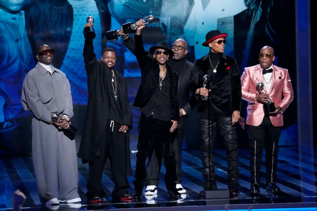 Johnny Gill (from left), Ricky Bell, Ralph Tresvant, Bobby Brown, Ronnie DeVoe and Michael Bivins of New Edition accept the Hall of Fame award during the 55th NAACP Image Awards, Saturday, March 16, 2024, at The Shrine Auditorium in Los Angeles. 