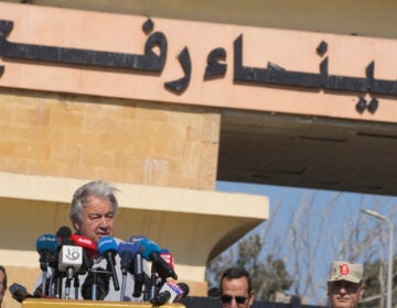 United Nations Secretary General Antonio Guterres speaks after his visit to the Rafah border crossing between Egypt and the Gaza Strip, Saturday, March 23, 2024. Arabic reads, 