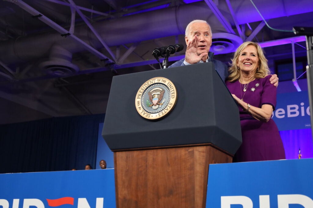 President Joe Biden and First Lady Jill Biden at the podium